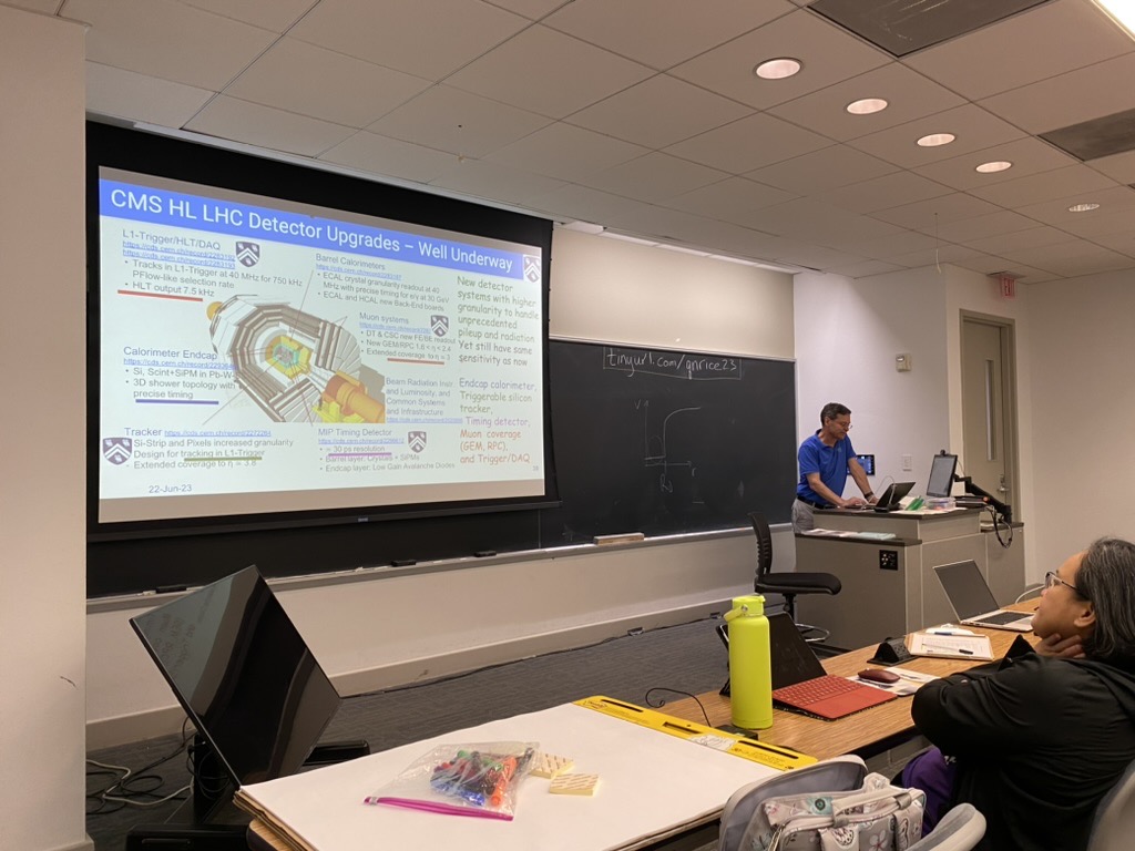 Prof. Acosta shows the many places where Rice is involved in CMS subdetector upgrades. Pretty impressive to see our logo next to many of the subdetectors!