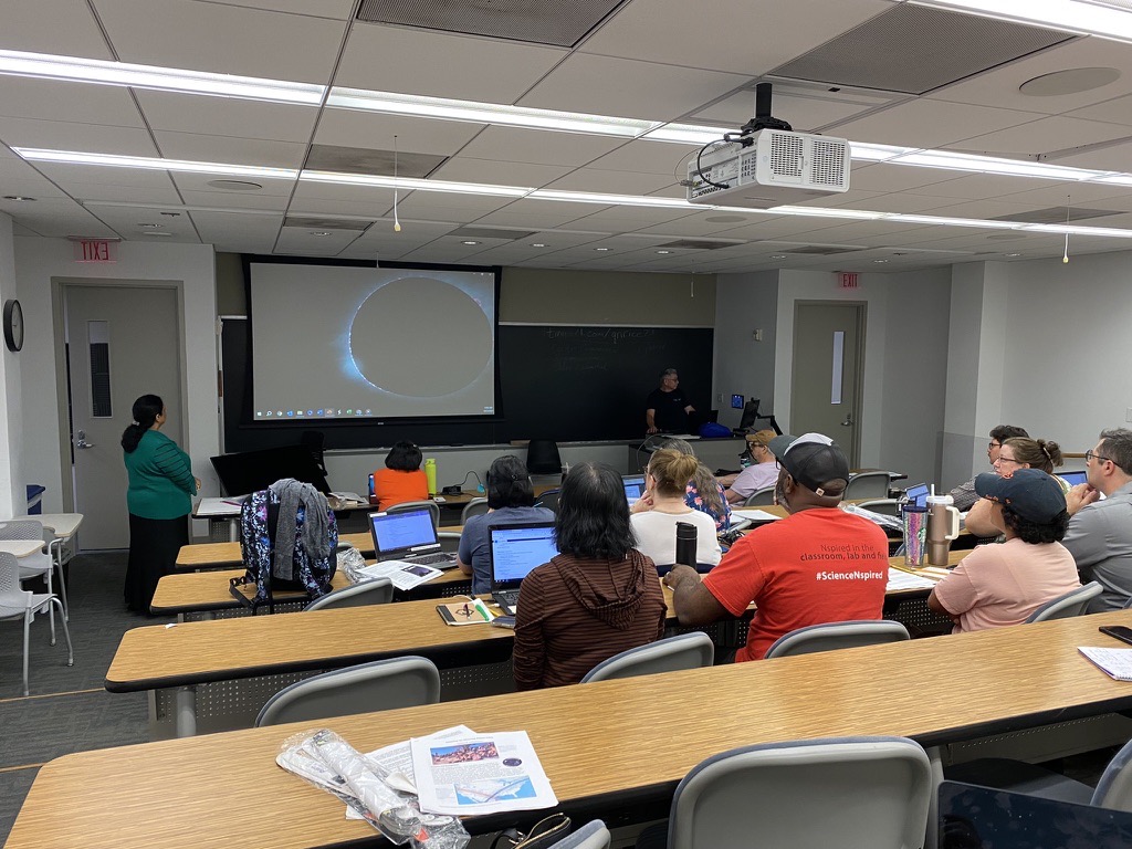 Friday's lecture and demos on the 2024 Solar Eclipse. Excellent presentation by Carlton Colmenares, Chloe Leibenthal, and Renum Saxena